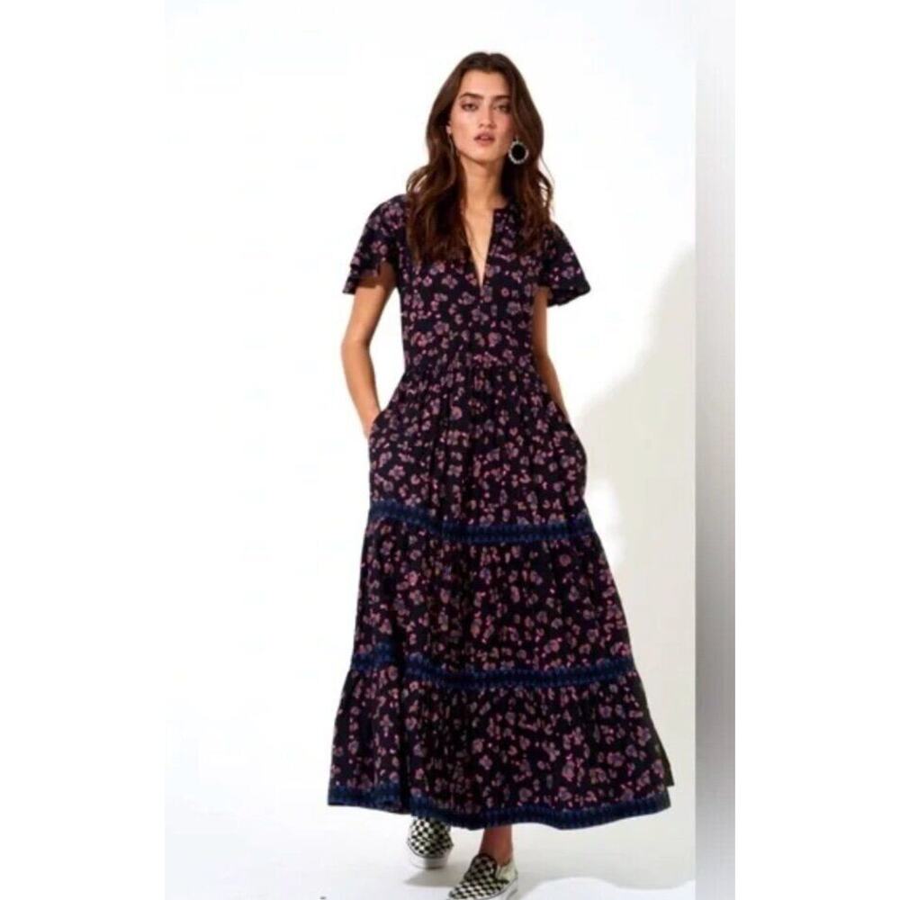 OLIPHANT Sz XS Black Leopard Maxi Dress Short Sleeve Fall Animal
